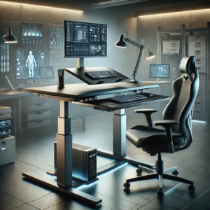 A high-tech standing desk with a motorized height adjustment system and an ergonomic keyboard tray, set in a futuristic workspace with ambient lighting.