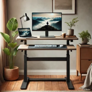 A minimalist standing desk with an integrated keyboard tray in a home office setup, featuring a laptop, a potted plant, and a cup of coffee.