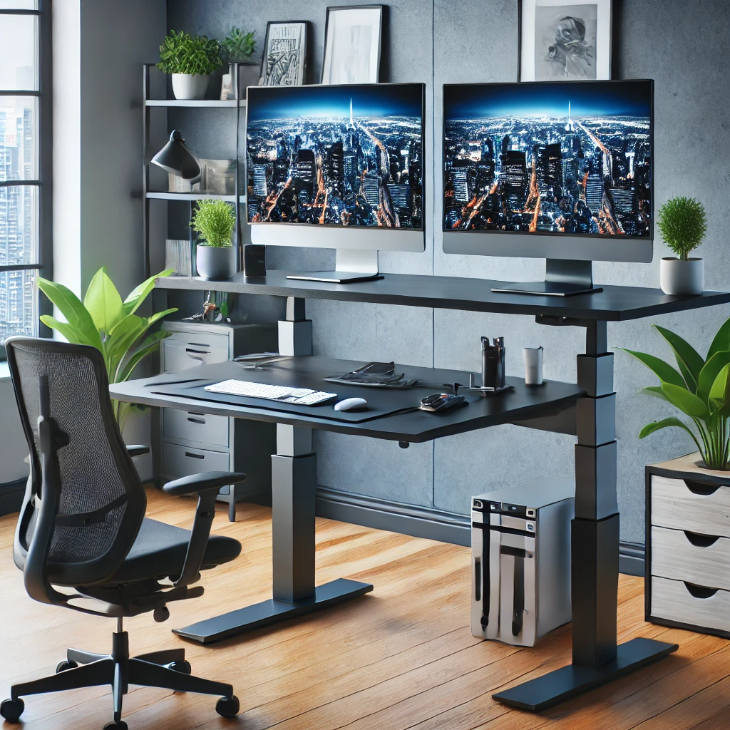 A modern standing desk with keyboard tray, dual monitors, and an adjustable height mechanism in a sleek office environment.