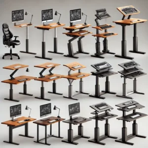 A side-by-side comparison of different standing desks with keyboard trays, showcasing various heights, materials, and ergonomic designs.