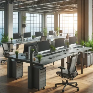 An office space featuring multiple standing desks with ergonomic keyboard trays, illustrating a productive and modern workspace.