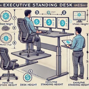 Step-by-step guide on adjusting an executive standing desk for ergonomic posture, including proper desk height and monitor positioning