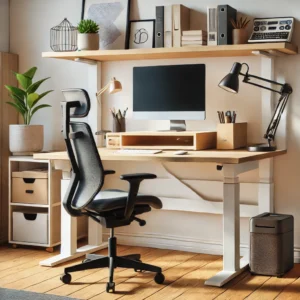 A modern office setup featuring a compact ergonomic office chair designed for short people, paired with a height-adjustable desk.