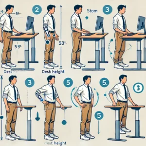 Infographic illustrating proper walking posture on a treadmill desk, with guidelines on maintaining a straight back, natural stride, and ideal desk height.