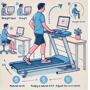 Infographic illustrating proper walking posture on a treadmill desk, with guidelines on maintaining a straight back, natural stride, and ideal desk height.