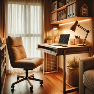 Cozy home office setup with a lift-top desk, comfortable chair, laptop, and soft lighting, creating a warm and productive atmosphere in a small space