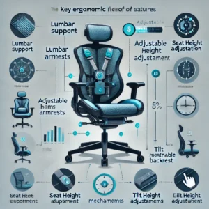 Infographic of essential ergonomic features in an office chair: lumbar support, adjustable armrests, seat height, and tilt mechanisms