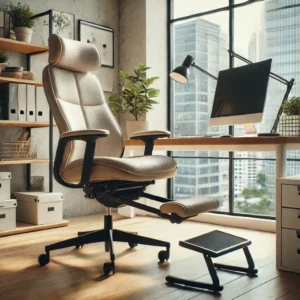 A side view of an ergonomic office chair with a footrest, designed for short people, placed in a stylish workspace.