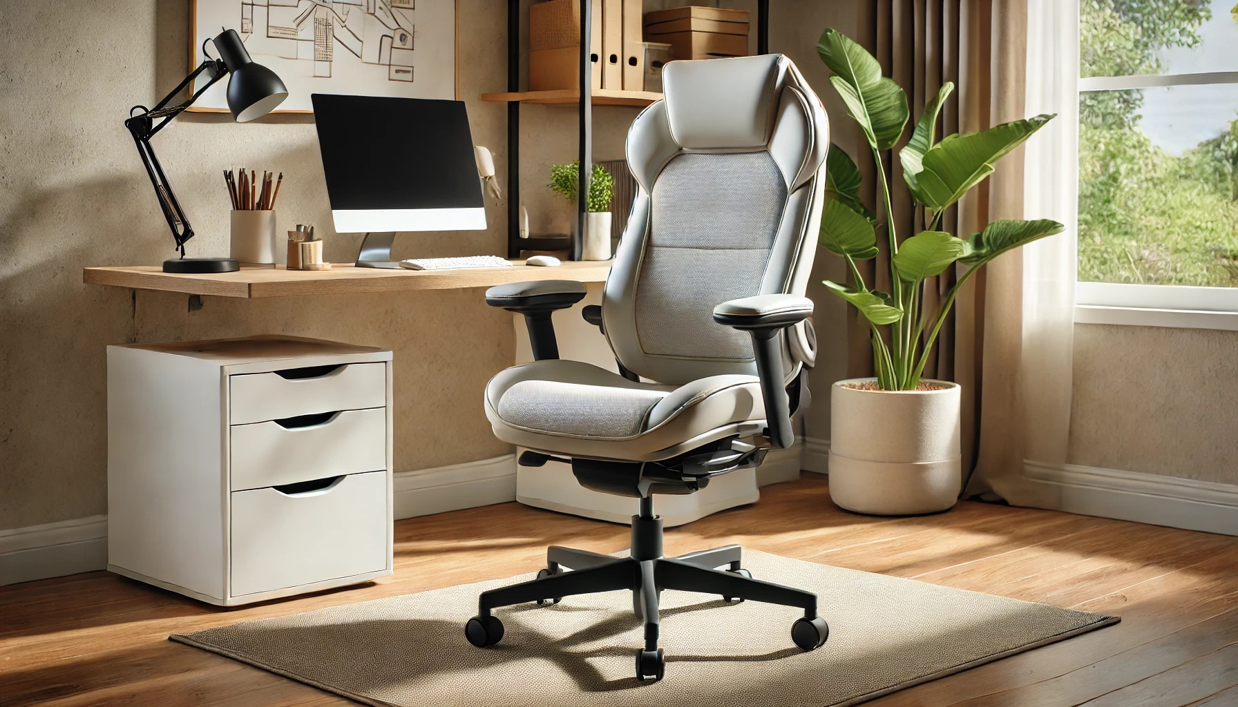 A modern ergonomic office chair designed for short people in a stylish home office setting, featuring adjustable seat height and lumbar support.