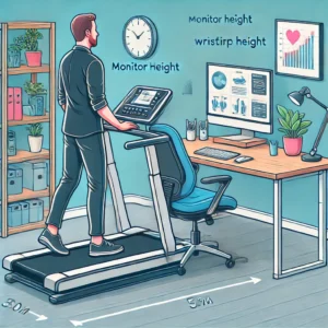 Illustration of an ergonomic workspace featuring a standing desk, treadmill, and adjustable chair, highlighting proper monitor height and wrist positioning.