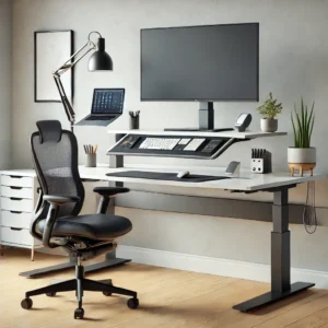 Ergonomic executive standing desk setup with a monitor stand, keyboard tray, and cable management system for a clutter-free workspace