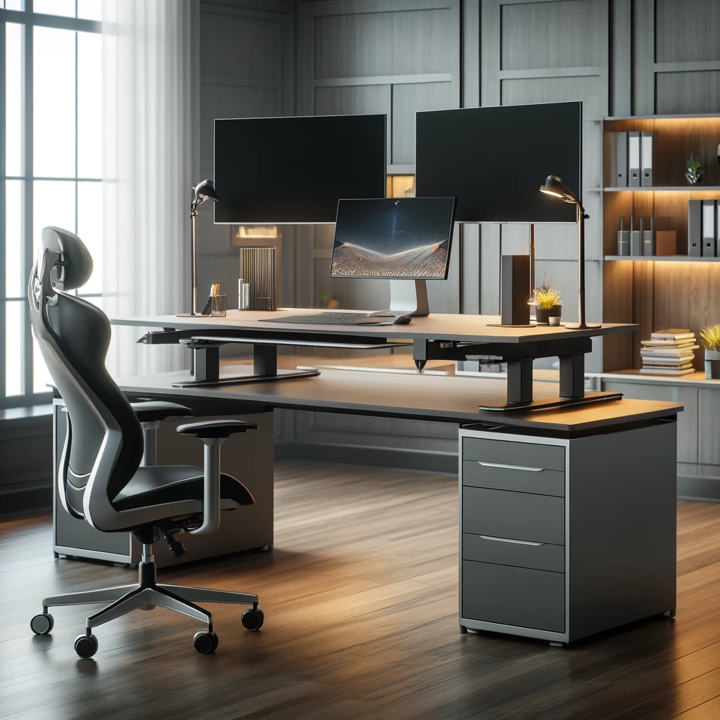 Modern executive standing desk in a premium office setting, featuring an adjustable height design, dual monitors, and ergonomic accessories