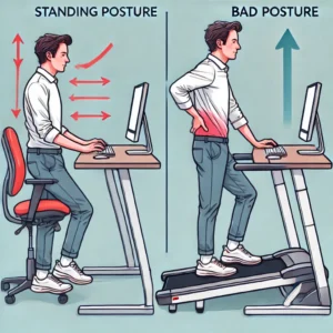 Side-by-side comparison of good vs. bad posture at a standing desk and treadmill, highlighting common mistakes and correct ergonomic positioning.