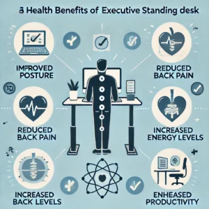 Infographic highlighting the health benefits of using an executive standing desk, including improved posture, reduced back pain, and increased energy levels