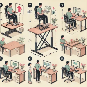 Step-by-step guide on adjusting a lift-top desk, including height levels, ergonomic workspace setup, and proper chair positioning for comfort