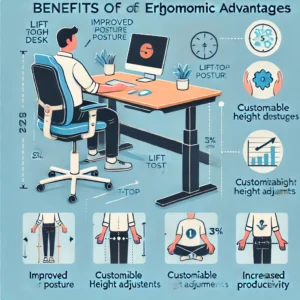 Infographic highlighting the benefits of a lift-top desk, including improved posture, adjustable height, and increased productivity