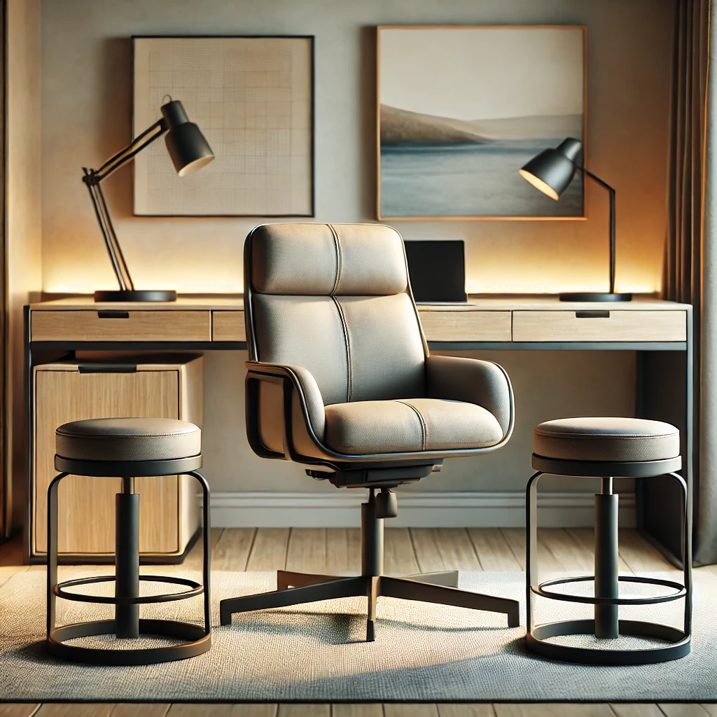 Modern ergonomic chair with stools in a cozy home office, designed for comfort and productivity.