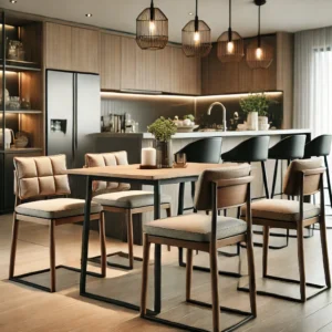 Stylish dining set featuring a chair and matching stools in a modern kitchen with wooden elements and comfortable cushions