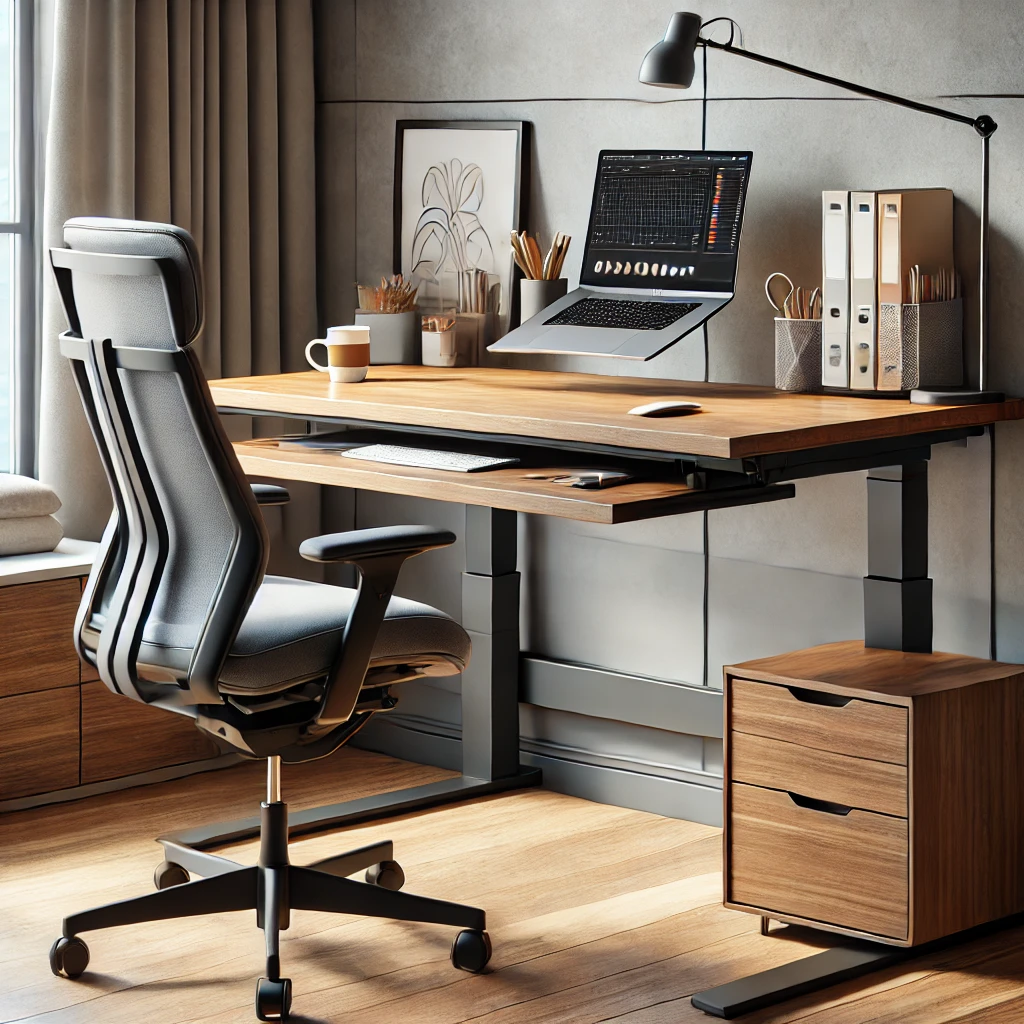 Modern workspace with ergonomically designed lift table, luxurious wood surfaces, comfortable office chairs and minimalist setup