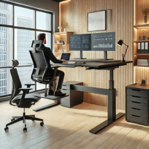 Modern office workspace with a lift-top desk in sitting and standing positions, featuring a dual-monitor setup, ergonomic chair, and office accessories for productivity