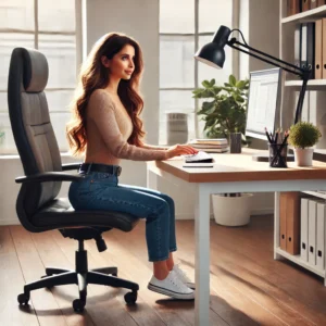 A petite woman sitting comfortably in an ergonomic office chair designed for short people, working at a desk in a well-lit office.