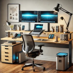 Productivity-focused workspace with an executive standing desk, dual monitors, a task lamp, and organizational accessories for an efficient setup