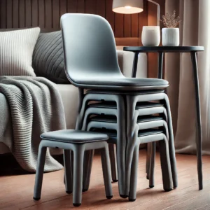 Compact chair with stackable stools, designed for small apartments with a sleek, space-saving aesthetic.