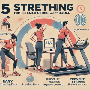 Infographic demonstrating a simple stretching routine for standing desk and treadmill users, designed to reduce muscle tension and improve posture