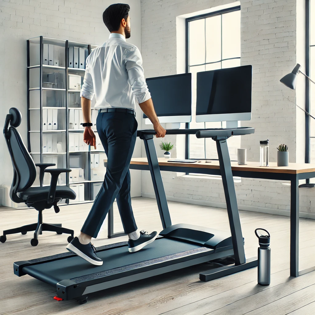 Modern ergonomic workspace with a proper standing desk and treadmill posture, featuring a dual-monitor setup and a professional walking with proper posture.