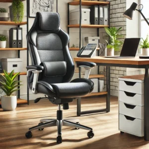 A stylish ergonomic office chair with extra lumbar support, designed for short people, placed in a professional office setting.