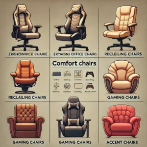 Comparison of various comfort chair types: ergonomic, reclining, gaming, and accent chairs