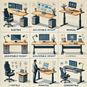 Comparison of different executive standing desks, including electric, manual, and convertible models, highlighting their adjustable height and ergonomic features.