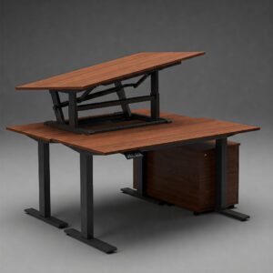 Demonstrating the wide range of height adjustments possible with this adjustable height executive desk.