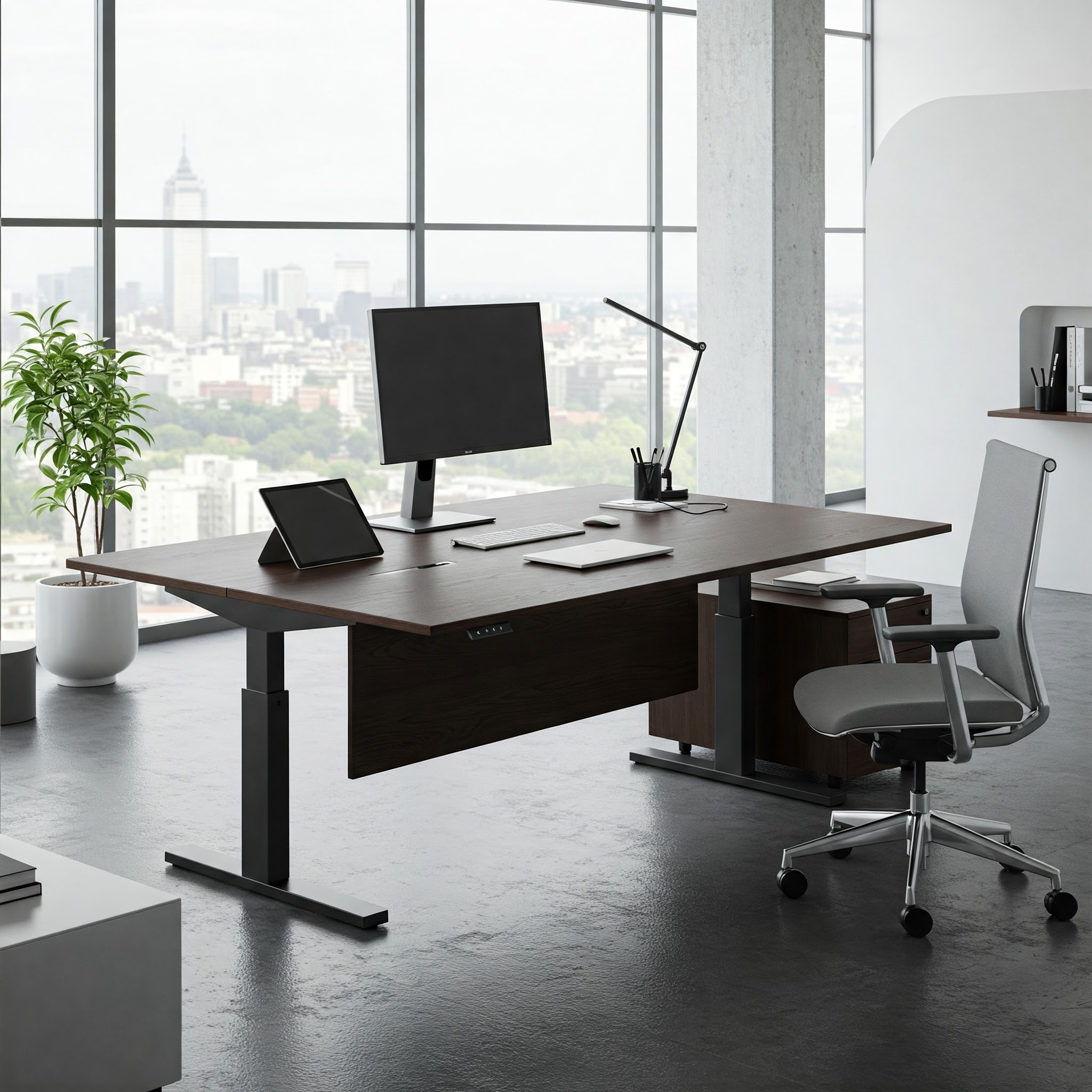 Sleek adjustable height executive desk in a modern office setting, promoting ergonomic workspace.