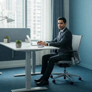 Executive working comfortably at an adjustable height executive desk, promoting well-being and focus.