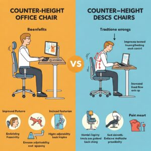 Graphic comparing the benefits of counter-height office chairs to traditional desk chairs, highlighting improved posture and ergonomics. counter high office chairs