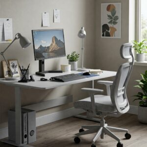 "Efficient staged work desk setup with dual monitors, keyboard, and mouse for enhanced productivity."