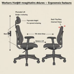 Diagram illustrating the ergonomic features of a worker chair, such as adjustable height and back tilt.