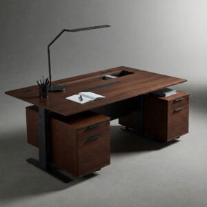Adjustable height executive desk showcasing smart storage and cable management solutions.