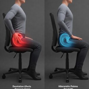 "Comparison image showing poor hip alignment in a standard chair versus proper alignment in an ergonomic chair, demonstrating hip pain relief." best office chair for hip pain
