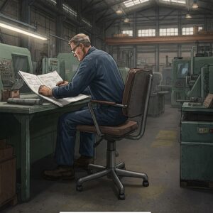 Illustration of a durable industrial worker chair being used in a factory or workshop environment.