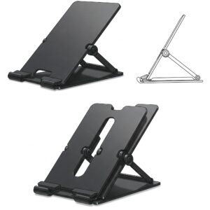 Illustration of a compact and foldable desktop elevation stand designed for portability.