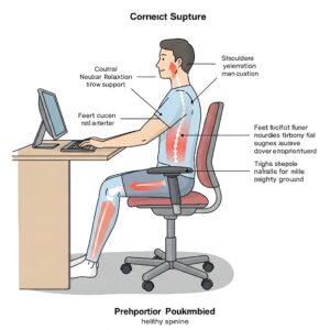 Illustration demonstrating correct sitting posture in a worker chair to promote comfort and support.