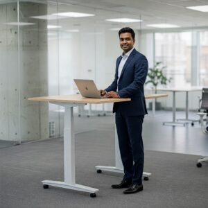 Executive using an adjustable height executive desk in a comfortable standing position for improved productivity.
