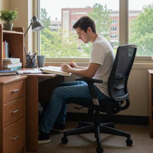 A student studying at a cluttered desk in a dorm room, seated in a black mesh office chair with adjustable height and armrests, with a view of a college campus.