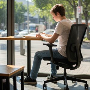 A student studying at a wooden desk in a coffee shop, seated in a modern black mesh office chair with adjustable height and armrests.