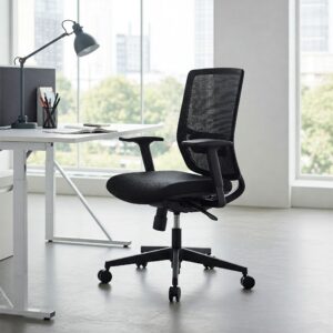 A modern student office chair with a sleek design, in a bright, minimalist office setting with natural light and a clean white desk.
