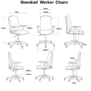 Technical illustration showing the key dimensions and adjustable parts of a standard worker chair.