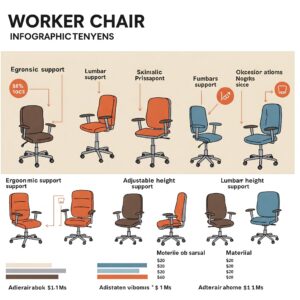 Infographic-style illustration comparing different worker chairs across various price points and feature sets.