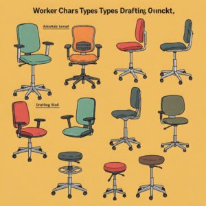 Illustration showcasing various worker chair types, including task chairs and drafting stools. 